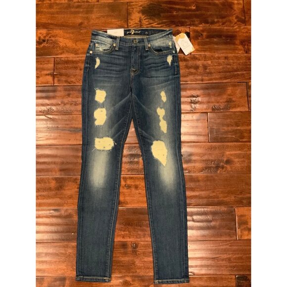 7 For All Mankind Med Wash Skinny Super Skinny Distressed Blue Jeans, Sz 25 NWT - Picture 1 of 6